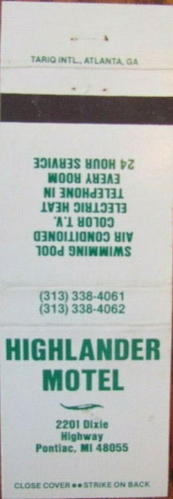 Waterford Motel (Highlander Motel, Thrift Courts of America) - Matchbook (newer photo)